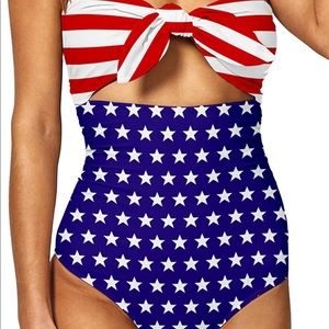 Red white and blue swim suit.